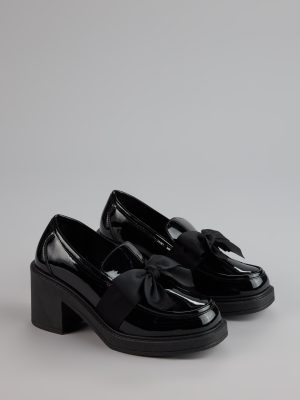 Gloss And Bow Block Heel Loafers