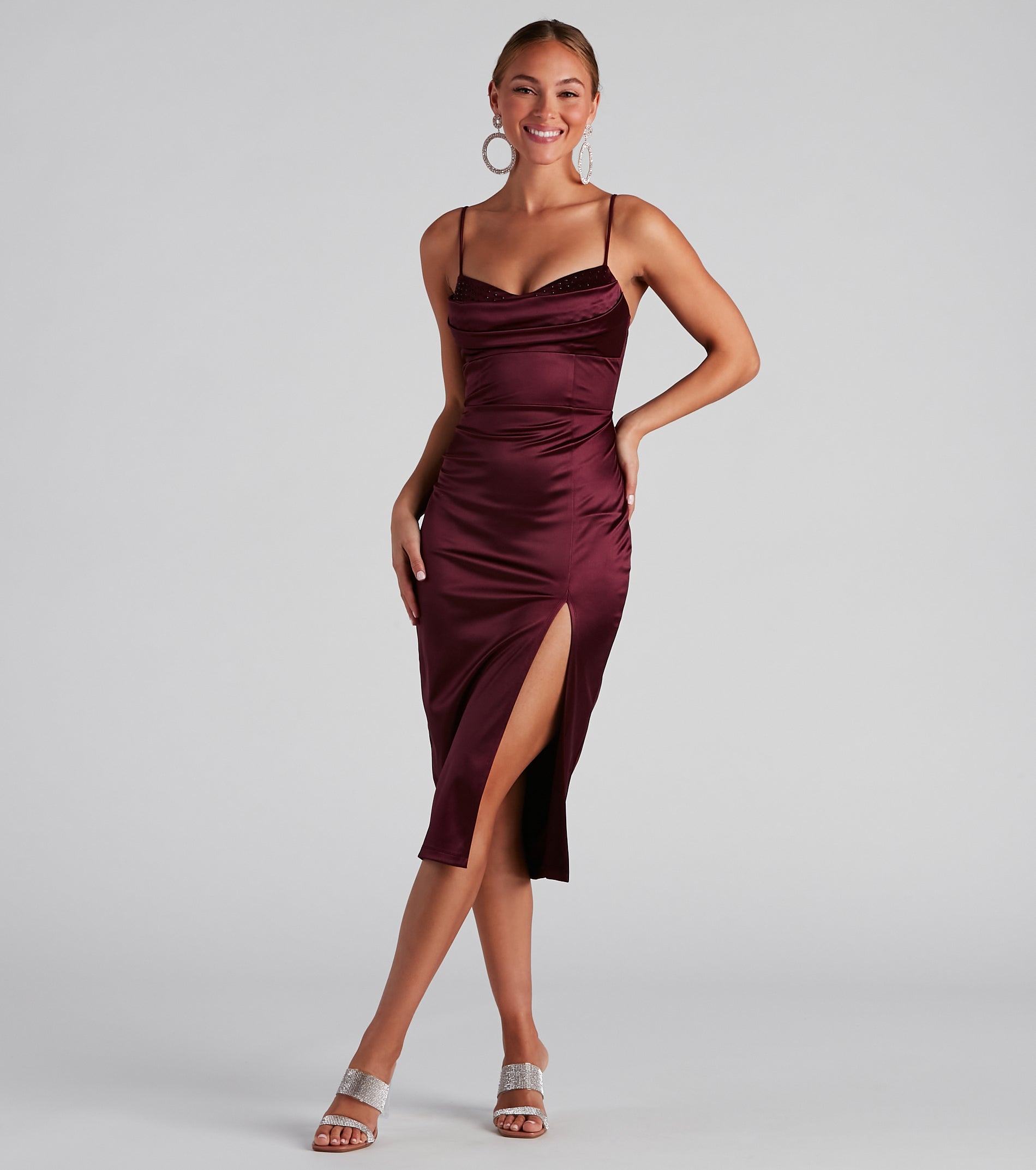 Adisson Formal Satin Heat Stone Midi Dress - Image 5