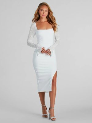 Amy Formal Crepe Faux Pearl Sleeve Midi Dress