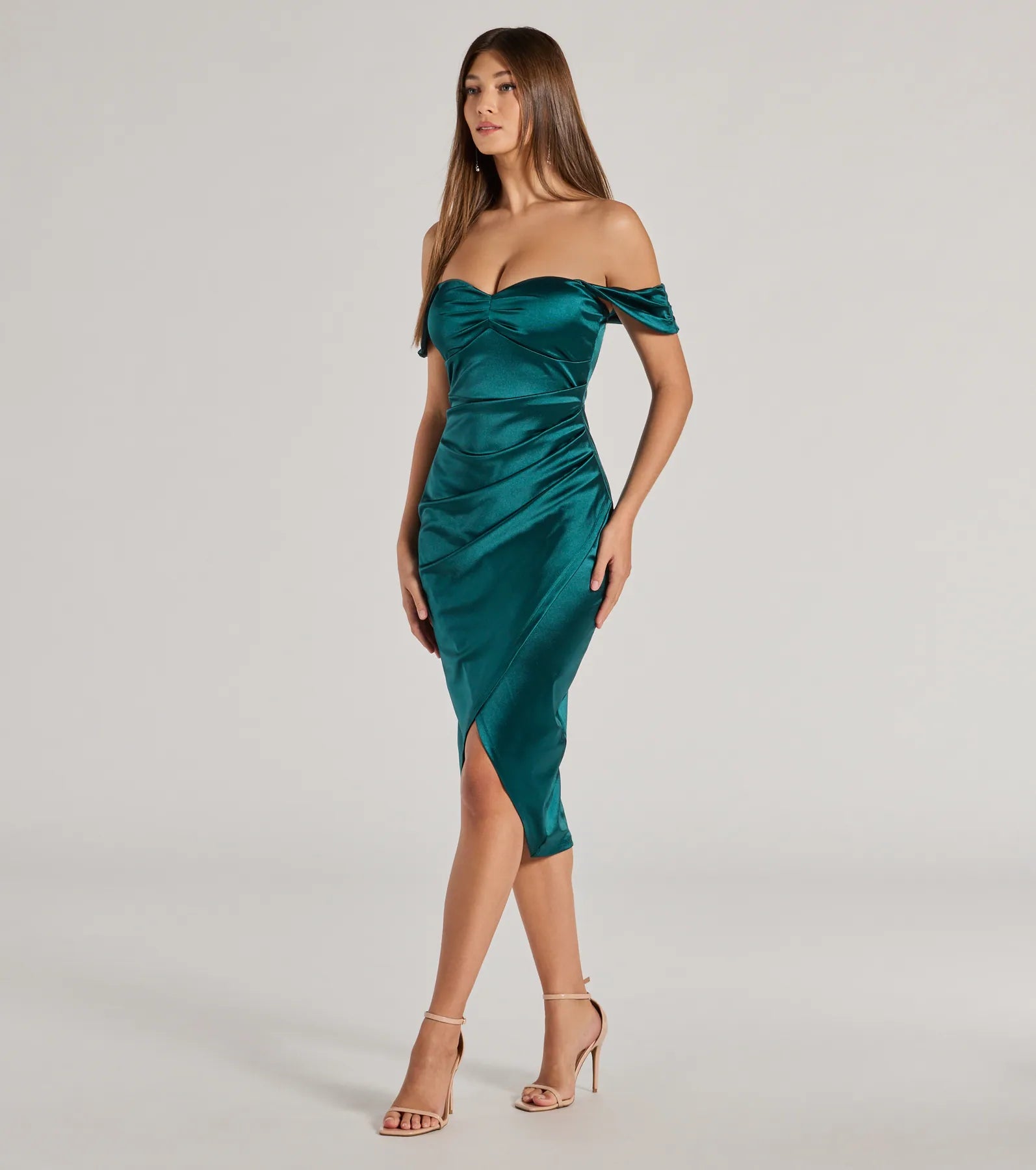 Gaia Satin Off-The-Shoulder Wrap Midi Dress - Image 8