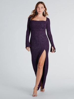 Jess Formal Glitter Long Sleeve Slit Dress