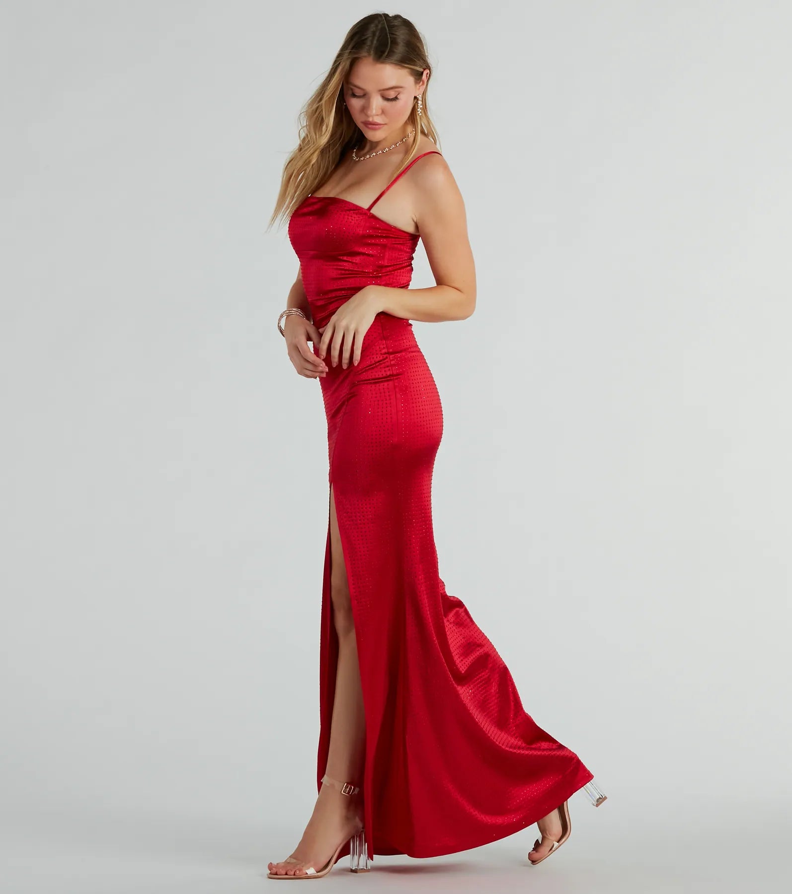 Hallie Rhinestone Satin High Slit Mermaid Dress - Image 3