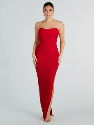 Aurie Formal Crepe Strapless Slit Long Dress