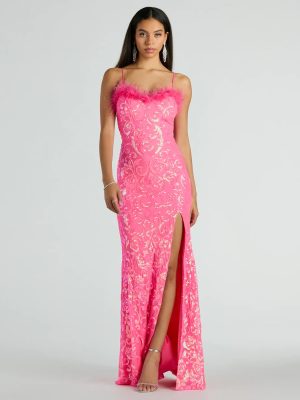 Cara Marabou Trim Mermaid Slit Sequin Formal Dress