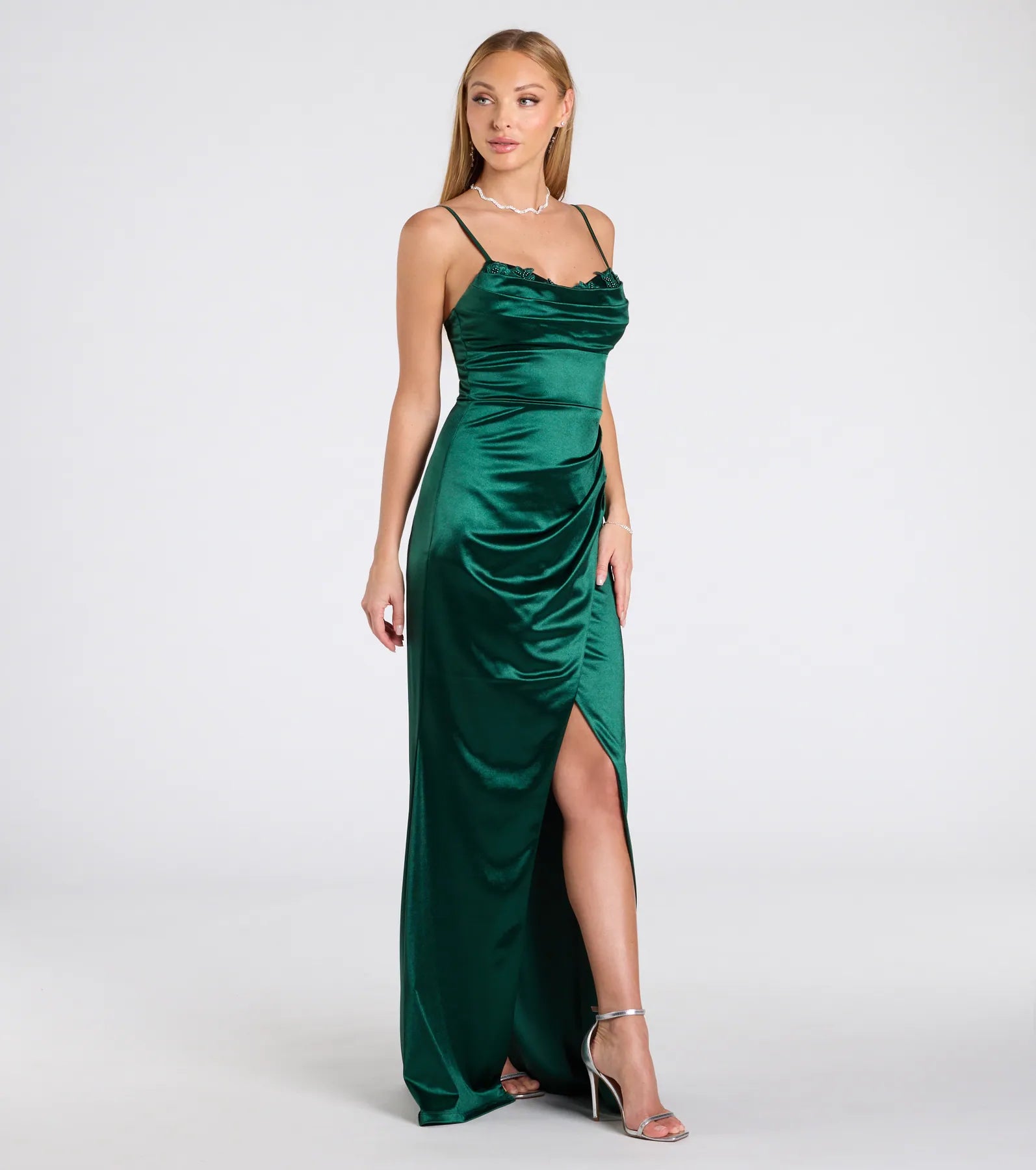 Michelle Applique Trim Wrap Satin Formal Dress - Image 4