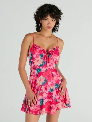 Tropical Blooms Floral Ruffle Chiffon Skater Dress