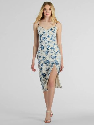 Botanical Beauty Lace Trim Floral Satin Midi Dress