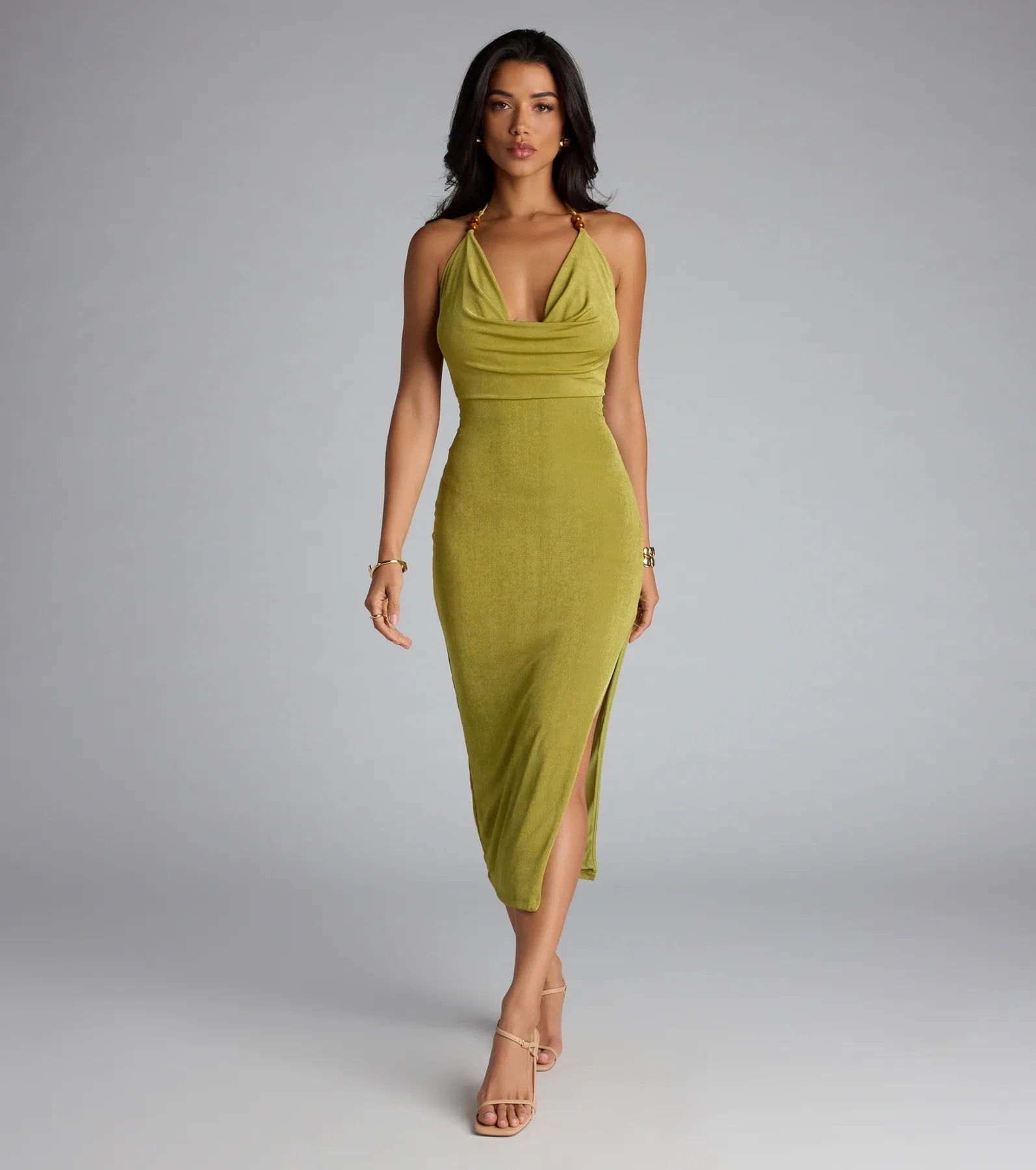 Chic Paradise Halter Open Back Slit Midi Dress