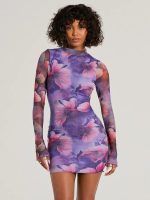 Stun And Only Mock Neck Floral Mesh Mini Dress