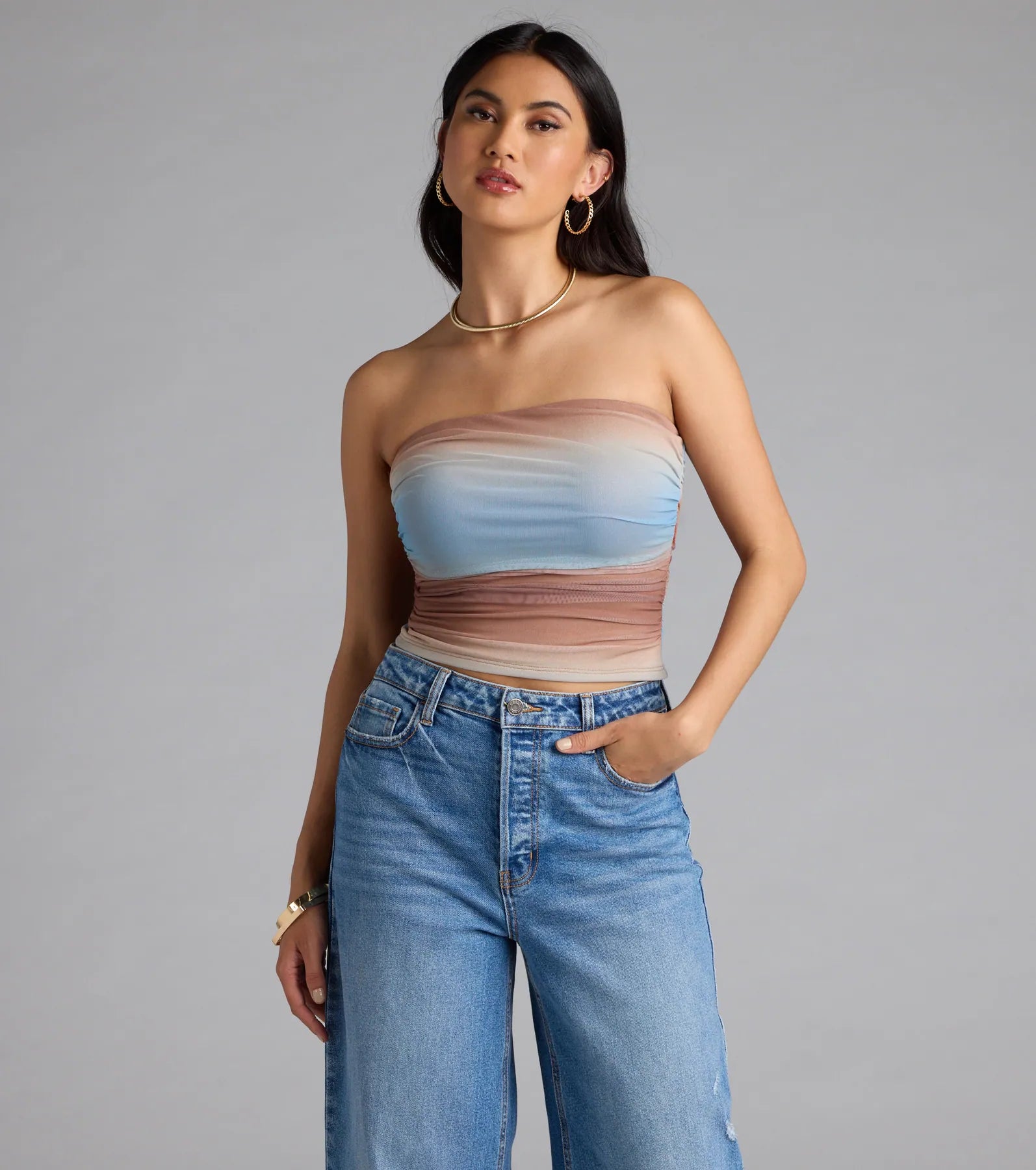 Artsy Allure Abstract Print Mesh Tube Top