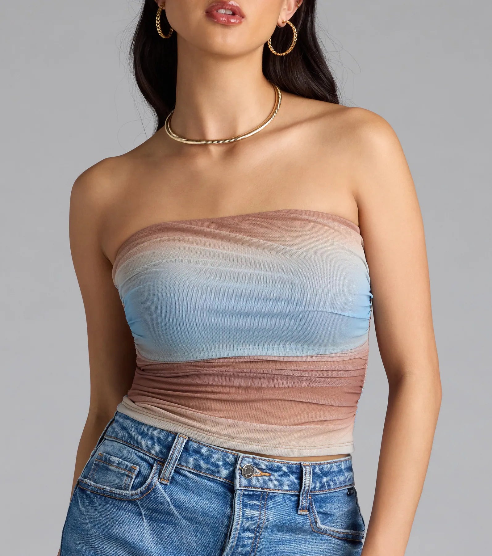 Artsy Allure Abstract Print Mesh Tube Top - Image 4