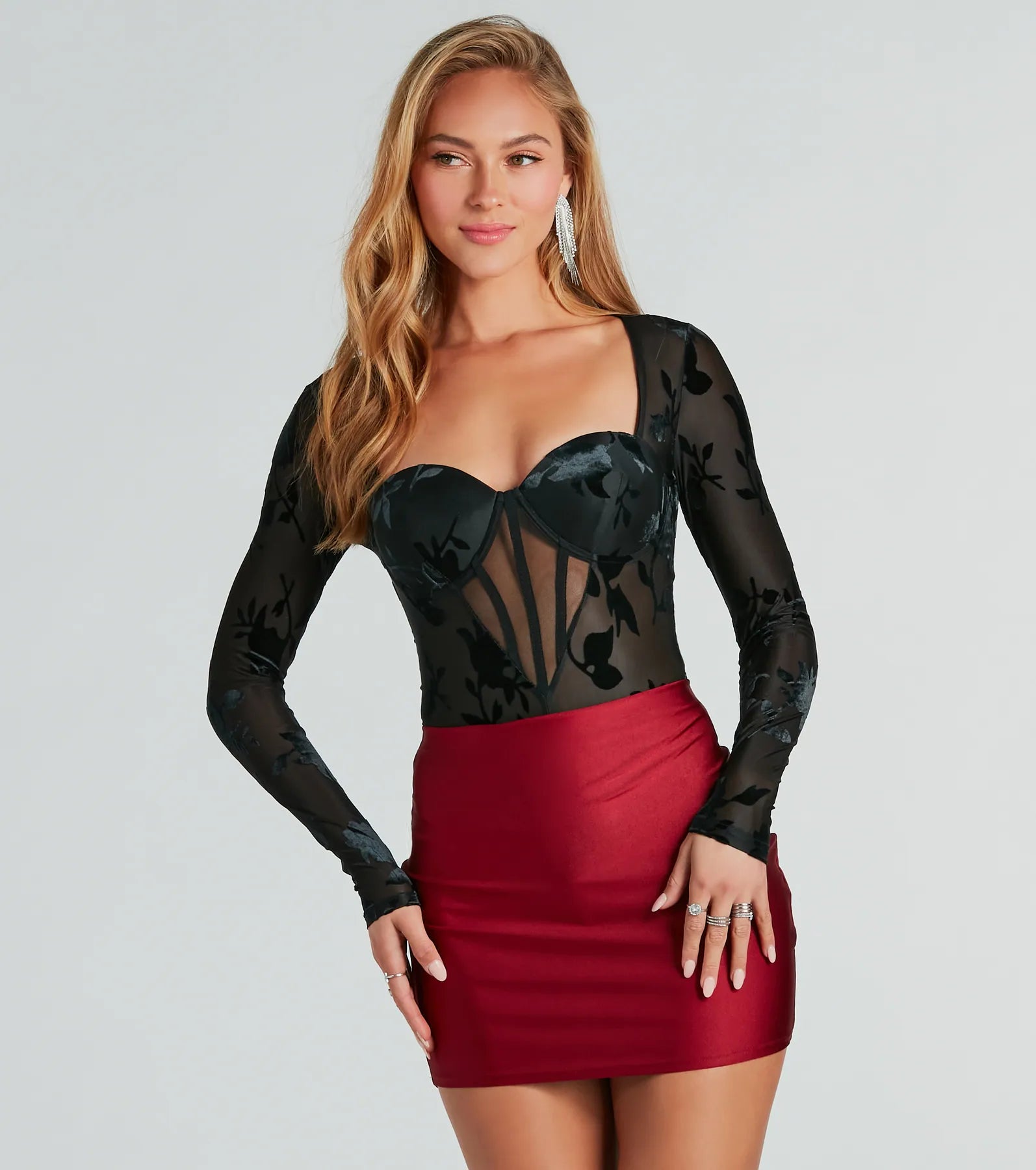 Sultry Beauty Floral Velvet Burnout Bodysuit - Image 3