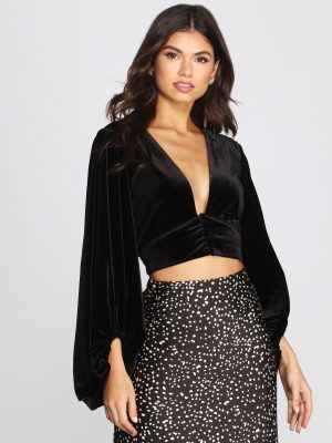 Balloon Sleeve Velvet Crop Top