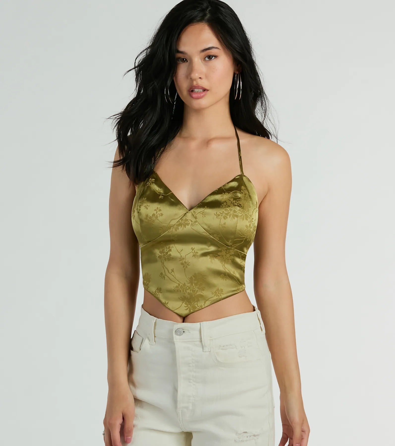Romantic Effect Halter Tie Back Floral Satin Top - Image 5