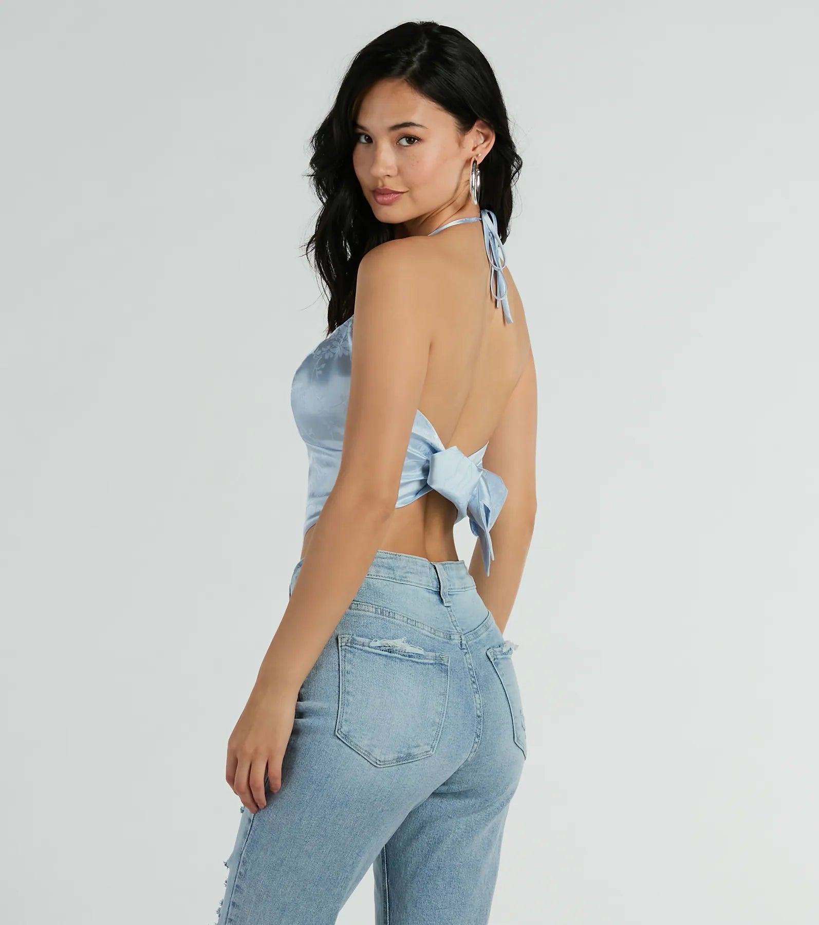Romantic Effect Halter Tie Back Floral Satin Top - Image 2