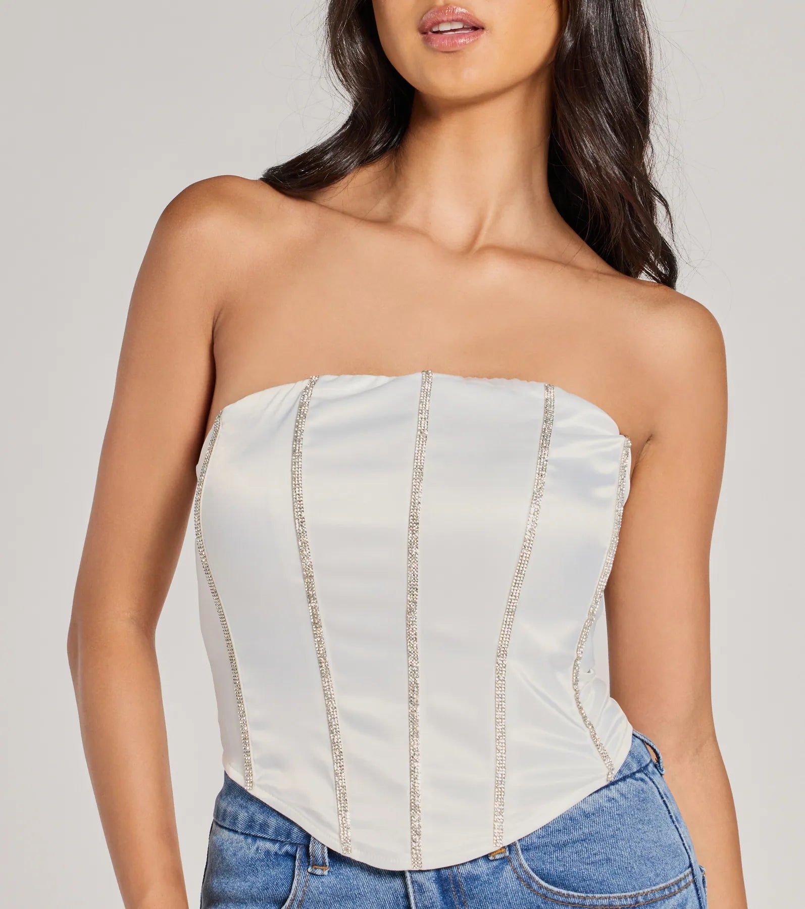 Glitz It Up Rhinestone Trim Satin Strapless Corset Top - Image 4