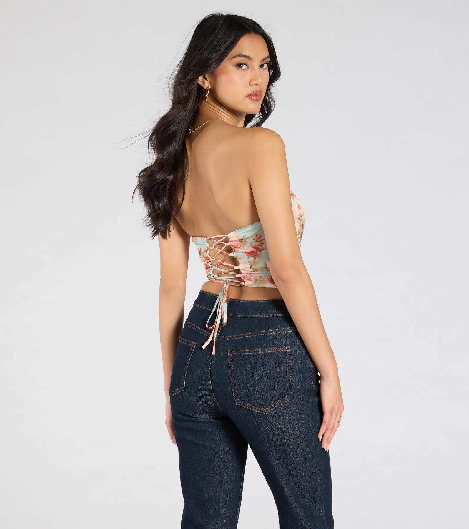 Floral Aesthetic Lace-Up Satin Corset Top - Image 2