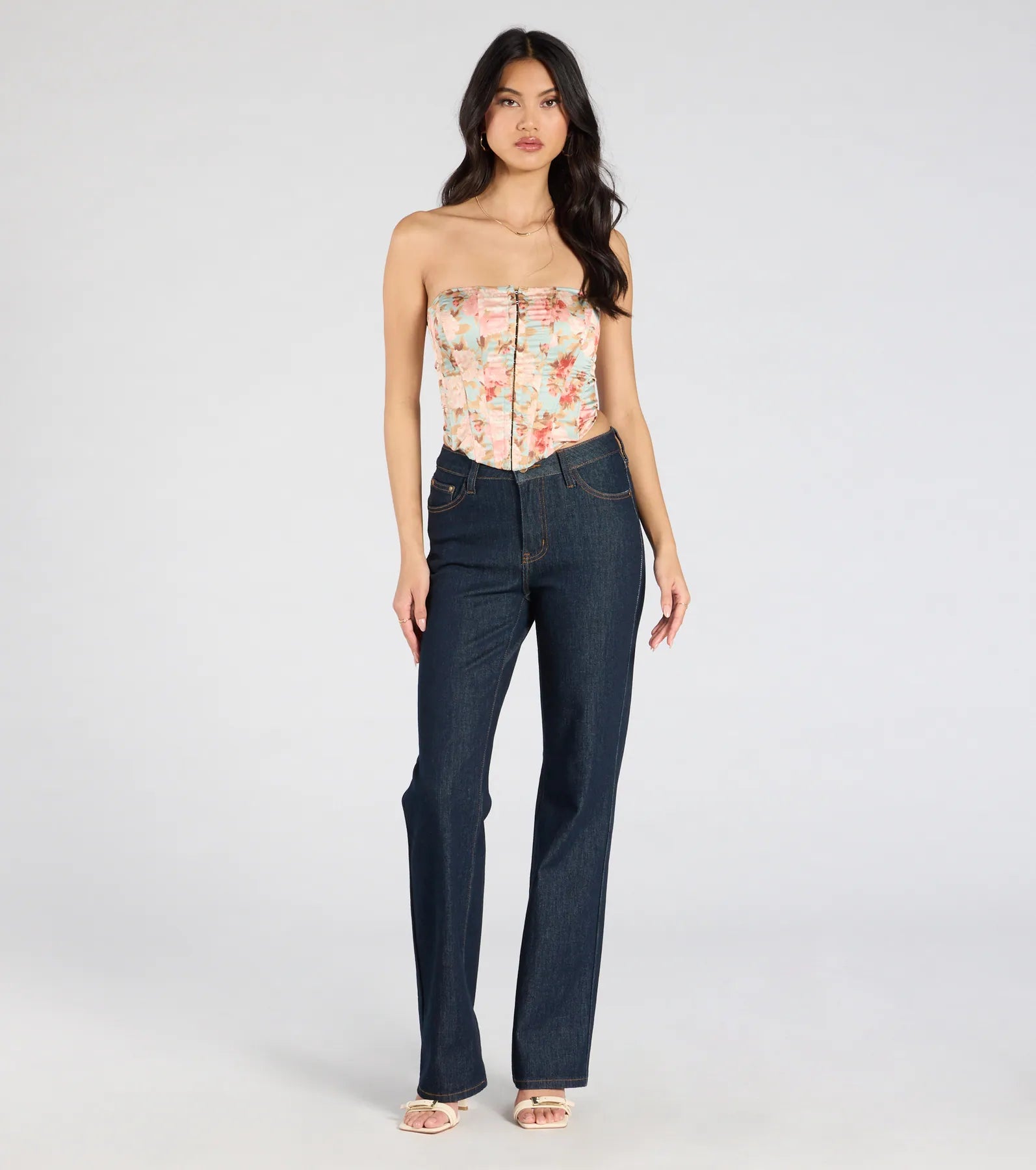 Floral Aesthetic Lace-Up Satin Corset Top - Image 3