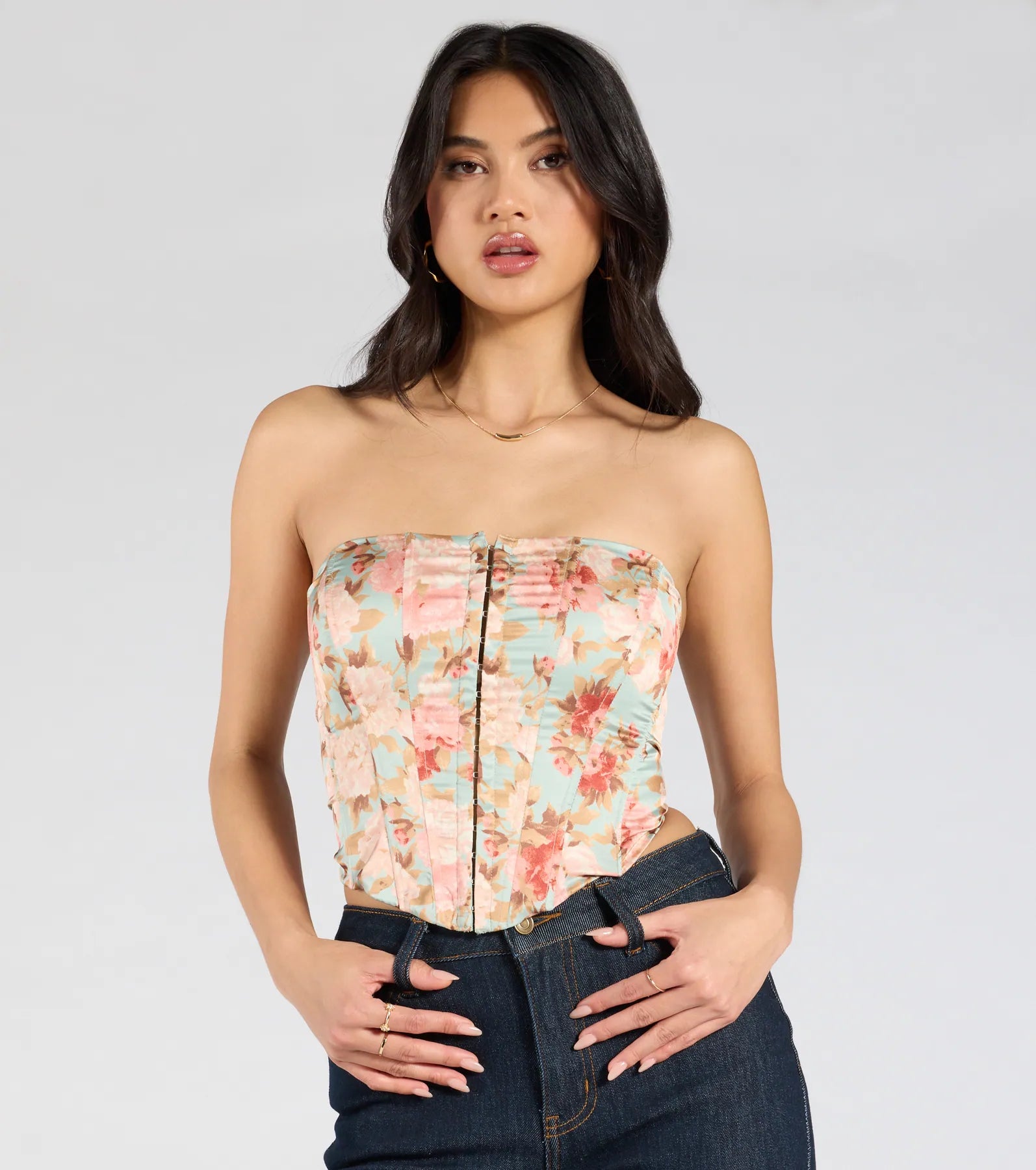 Floral Aesthetic Lace-Up Satin Corset Top - Image 4