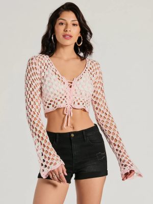 Total Trend Long Sleeve Checker Crochet Sweater