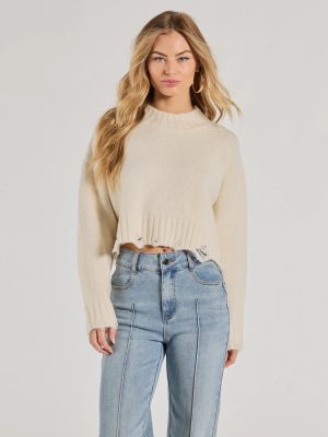 On-Trend Distressed Knit Mock Neck Sweater