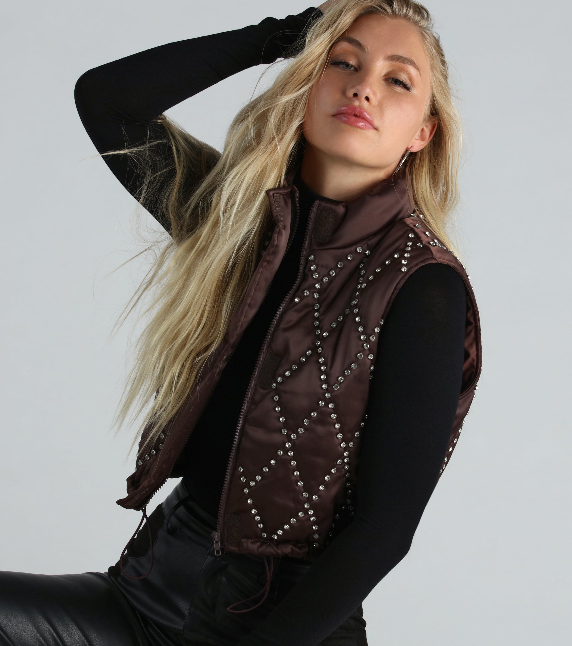 Winter Glamour Satin Rhinestone Puffer Vest - Image 7