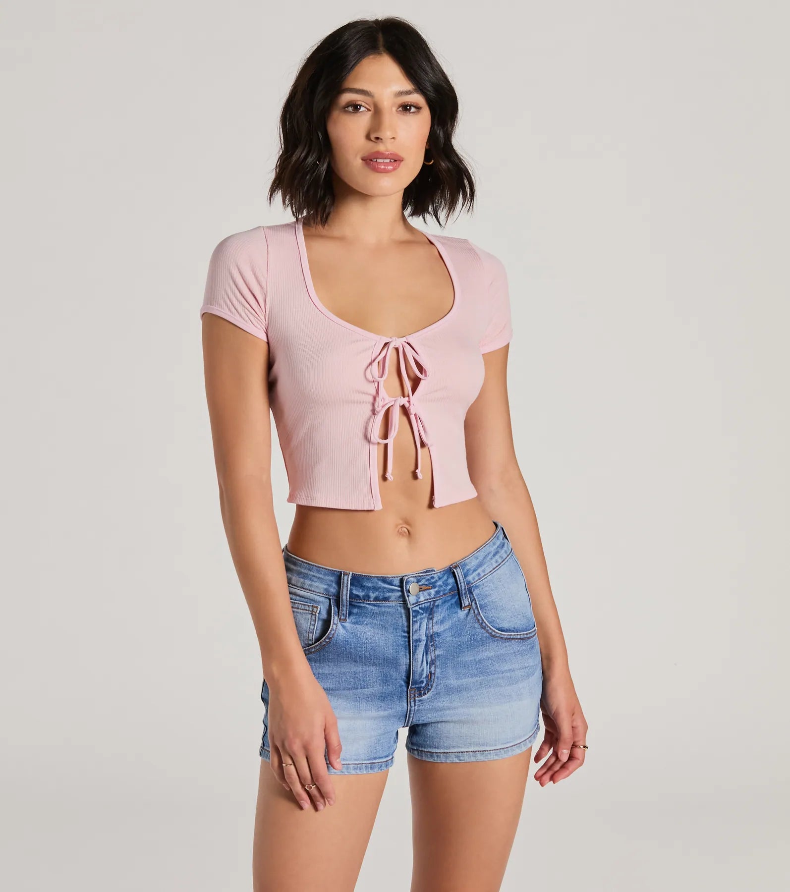 Here To Stay Short Sleeve Tie Front Crop Top - Image 5