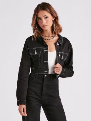 Make Way Contrast Stitch Crop Denim Jacket