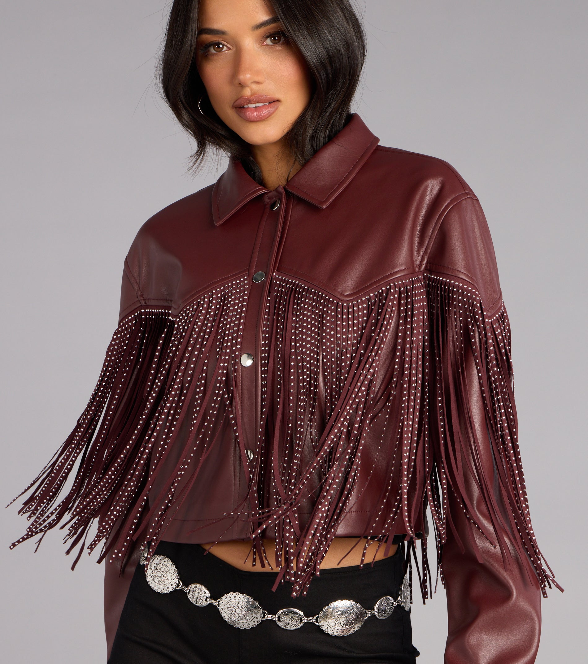 Cause A Scene Stud Fringe Faux Leather Shacket - Image 4