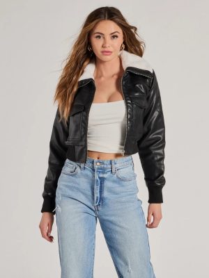 Chic Sherpa Collared Faux Leather Bomber Jacket