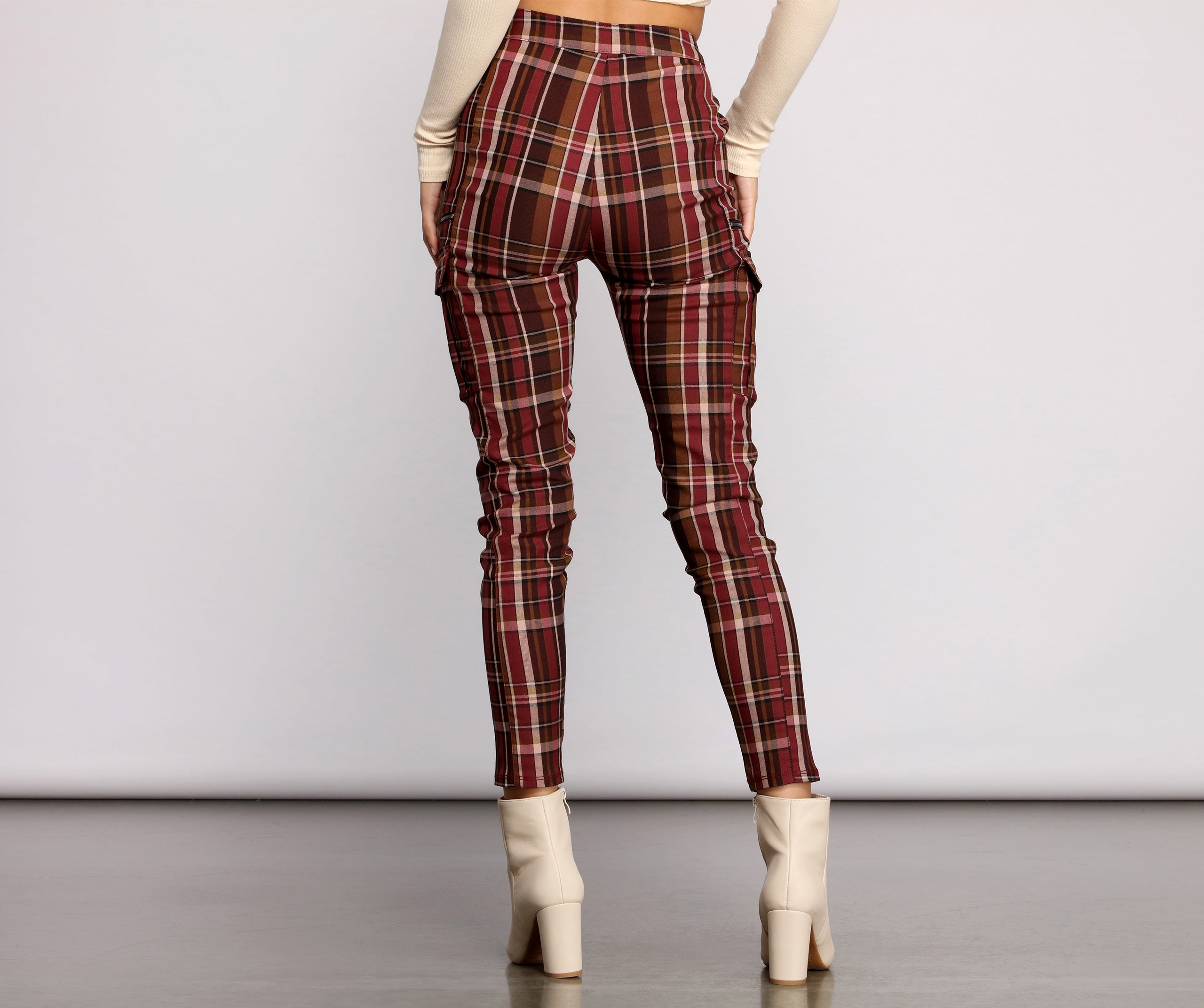 High Waist Plaid Cargo Skinny Pants - Image 2