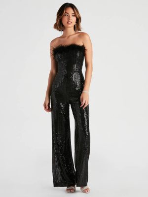 Always Fabulous Feather-Trim Sequin Jumpsuit