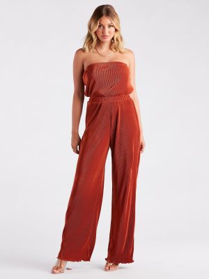 Here To Play Satin Strapless Pleated Jumpsuit