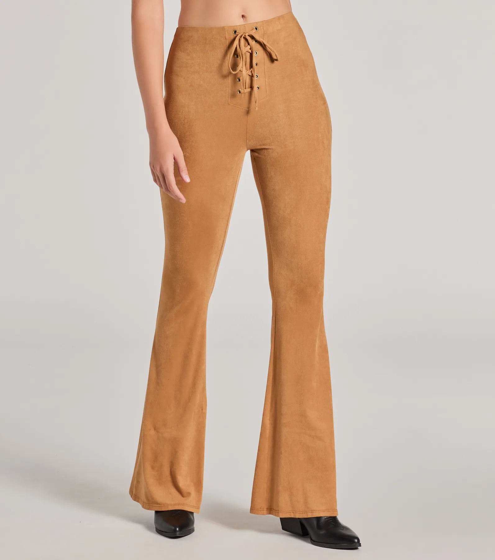 Bohemian Babe Lace-Up Faux Suede Flare Pants - Image 4