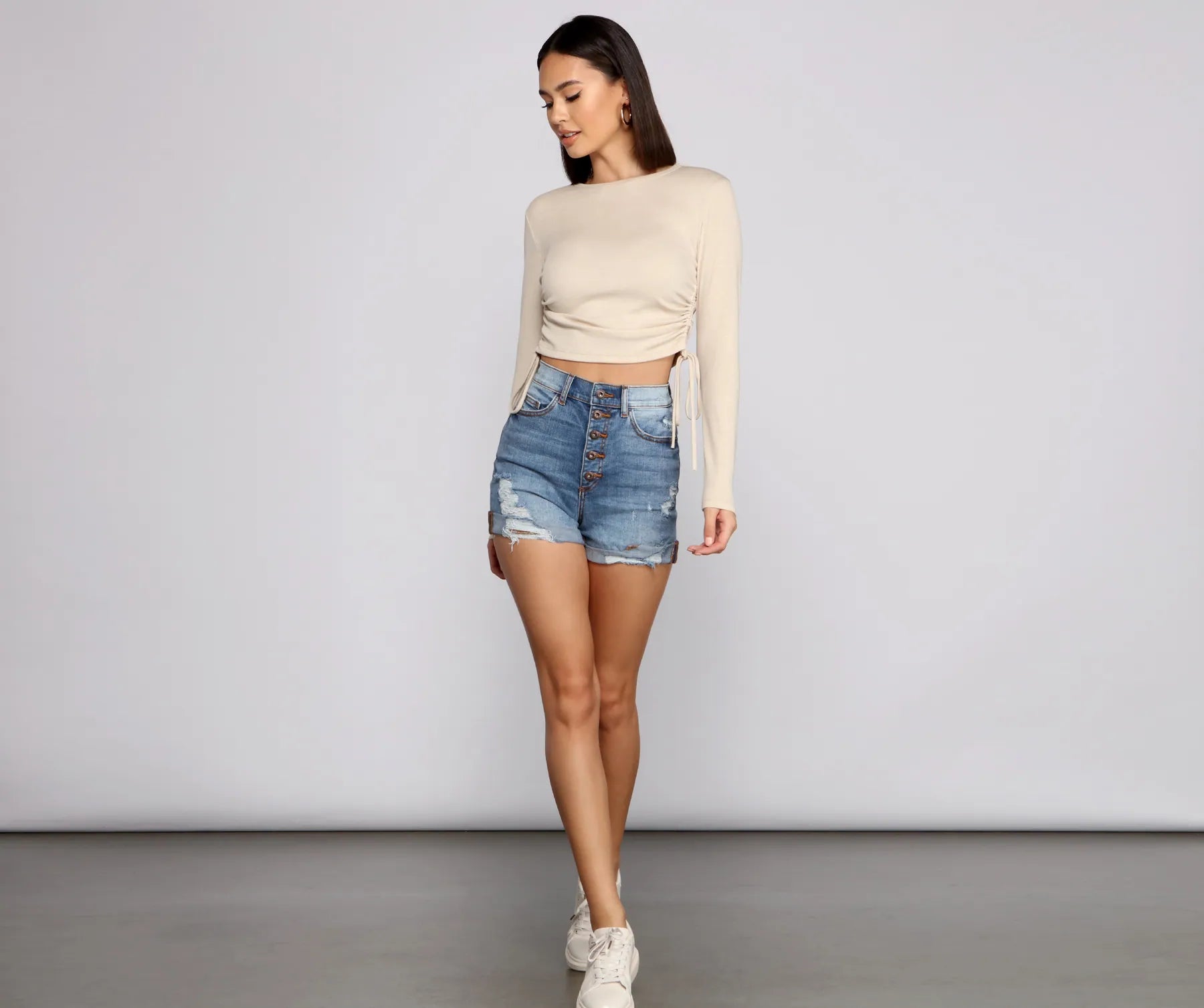 High Rise Button-Down Denim Shorts - Image 4