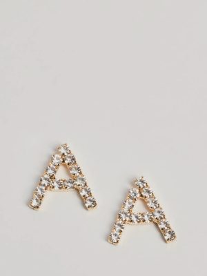 A Initial Rhinestone Stud Earrings