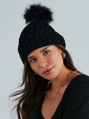 Winter Glam Rhinestone Faux Fur Knit Beanie