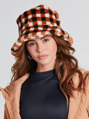 Chilly Days Gingham Faux Fur Bucket Hat