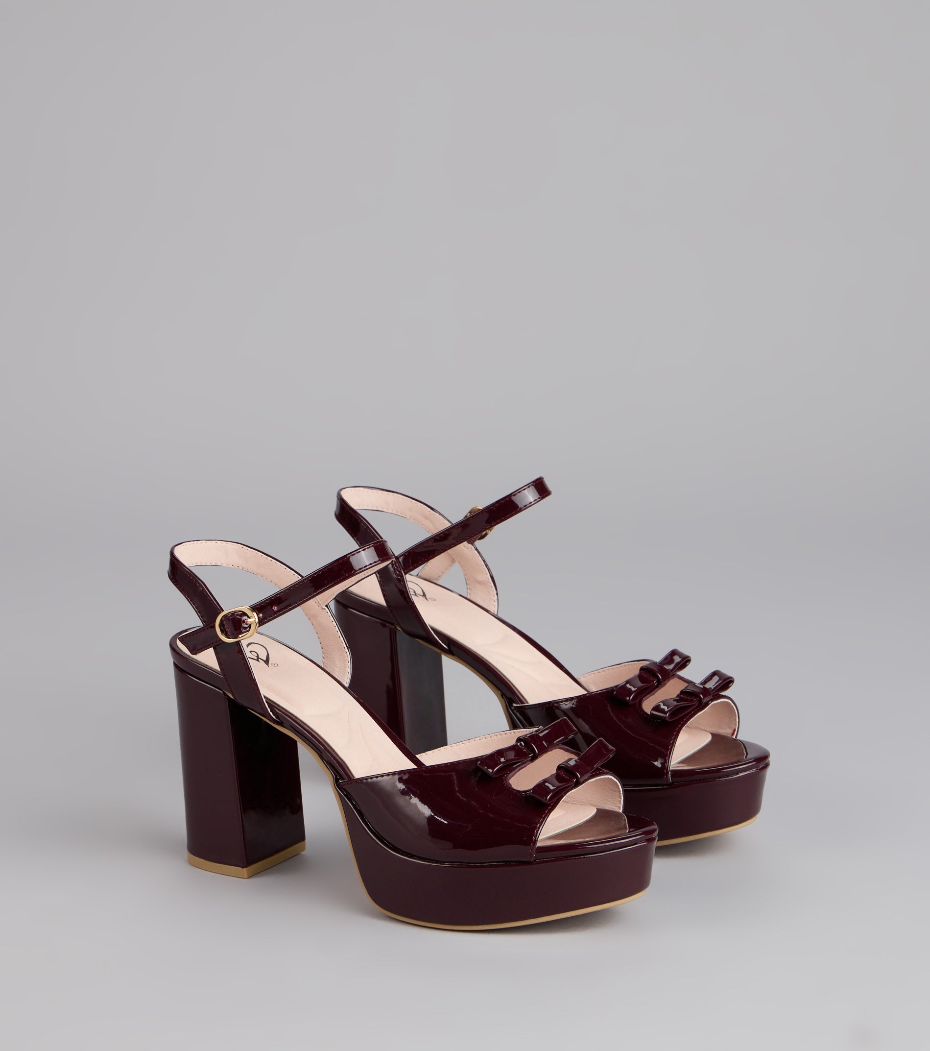 Glossy Finish Bow Platform Block Heels