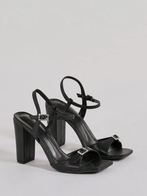 Midnight Glam Rhinestone Buckle Patent Block Heels