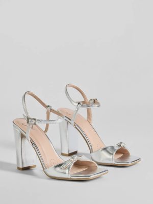 Party Moves Rhinestone Buckle Metallic Block Heels